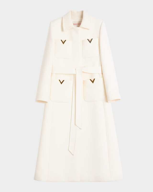 V Logo Collared Wool Coat